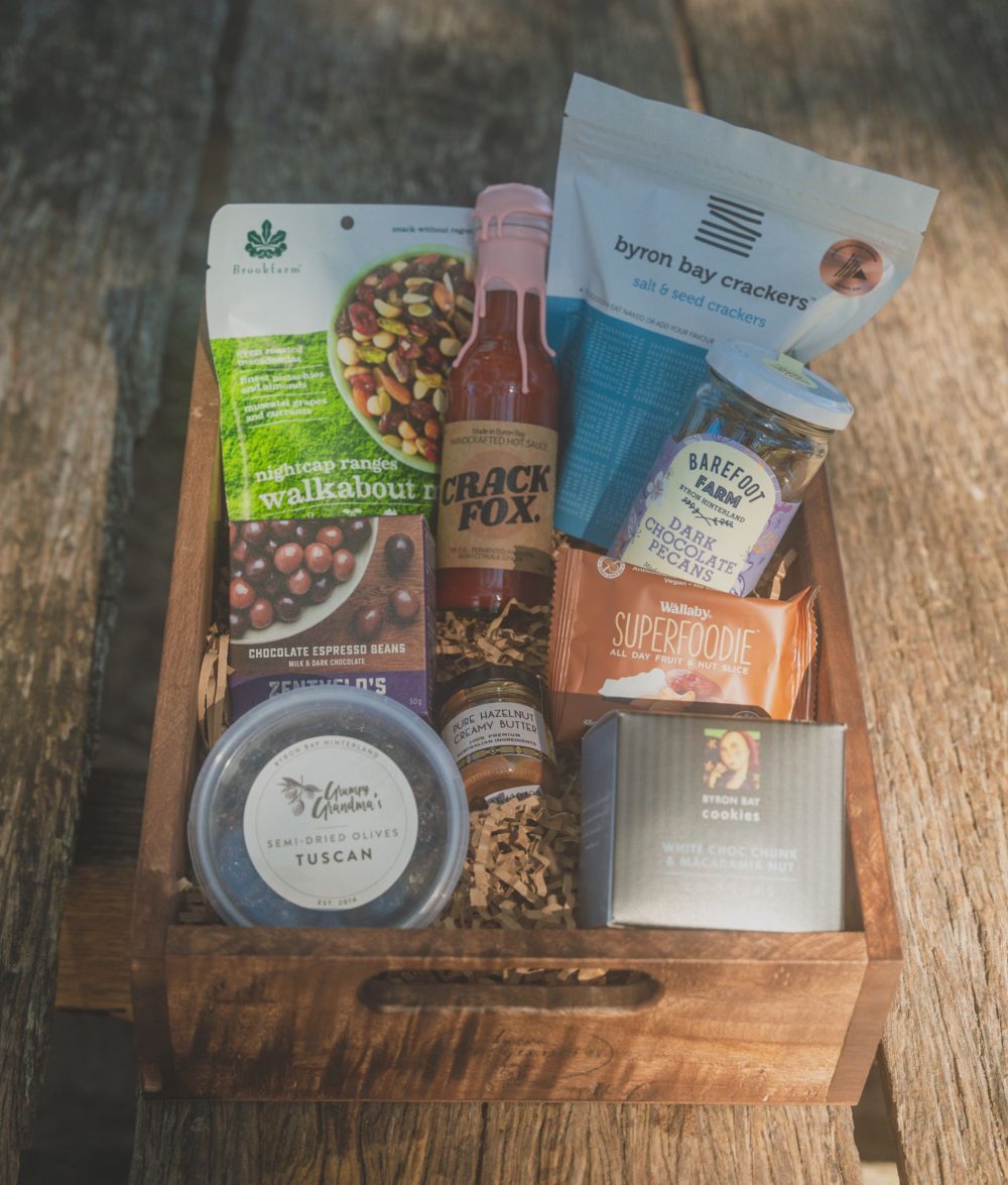Byron Bay Cookies: White Chocolate & Macadamia Cookies, 75g Barefoot Farm: Dark Chocolate Pecans 130g Crack Fox: Fermented Habanero Hot Sauce 150ml Byron Bay Crackers: Salt & Seed 125g Zentvelds: Chocolate Espresso Beans 50g Duck Creek: Trio Chocolate Macadamias, 36g Grumpy Grandma's: Semi-dried Olives - Tuscan Treats 100g Brookfarm: Nightcap Ranges Trail Mix 75g Holy Nuts: Mini Pure Hazelnut Butter, 35g