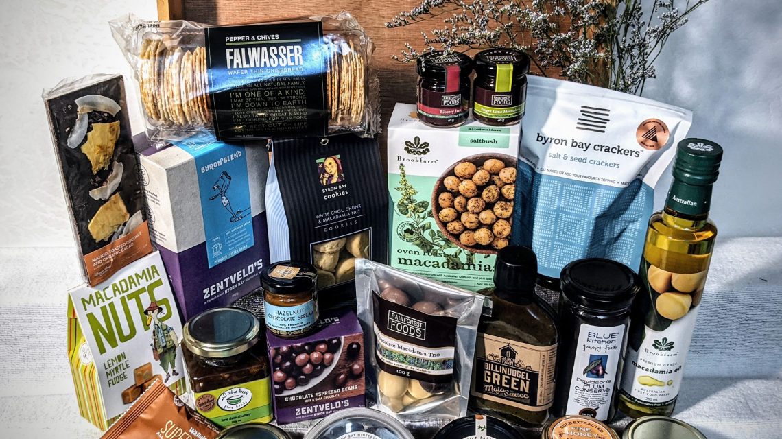 Give the Ultimate Byron Bay gift, by gifting this hamper full of delicious chutneys and assorted jams, macadamia oil, saltbush macadamia nuts, deck of topped dark chocolate, cookies, salt & seed crackers, local hot sauce, chocolate coated macadamias, lemon myrtle fudge, crispbread, semi-dried olives, hazelnut chocolate spread, spiced dukkah, BBQ rub, honey, fruit & nut slice, whiskey marmalade, pickle, locally roasted Australian coffee & chocolate coated espresso beans