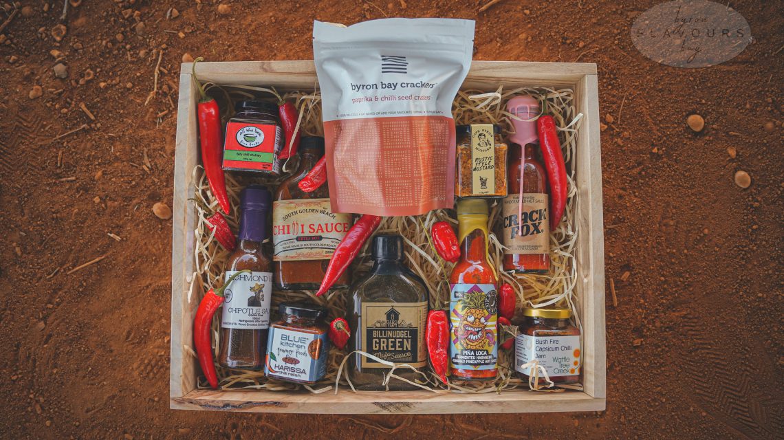 Byron Bay Hotties - Chilli Hot hampers. Wow this one will really appeal to the chilli lovers! If your gift recipient LOVES hot food, send them this hamper! Hot Chilli sauces a-plenty, as well as beaut blends with killer flavour punches. Did we mention the tastiest crackers to ever grace our shores?